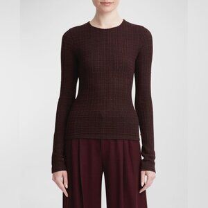 Vince Dark Burgundy Plaid Jacquard Long-Sleeve Crewneck Sweater